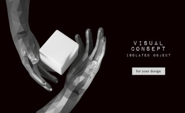 Siyah zemin üzerinde bir küp tutan üçgenlerden yapılmış iki el. Siyah ve beyaz üç boyutlu çizim. Kavramsal tasarım için element, düzen, bayrak