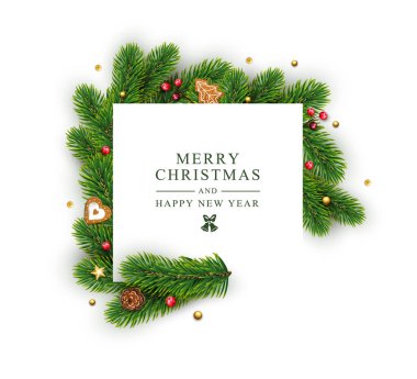 Noel ve Yeni Yıl için beyaz kart, süslemeler, koni yiyen dallar, balo, beyaz arka planda Noel süsleri. Tasarım eleme