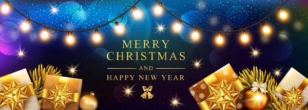 ボール ギフトボックス ガーランド 暗い輝く背景にモミの枝を持つベクトルクリスマスポスター 水平クリスマスバナー グリーティングカード ヘッダー — ストックベクタ