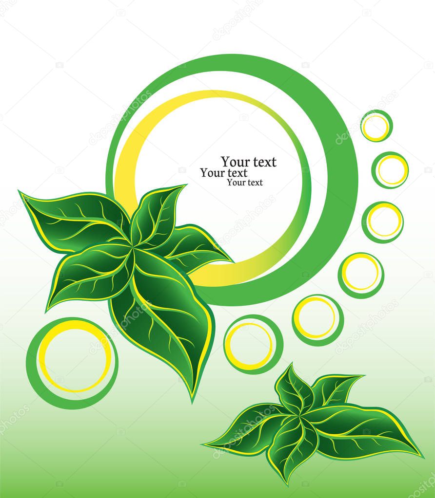Five green leaves together with abstract circles. Abstract background