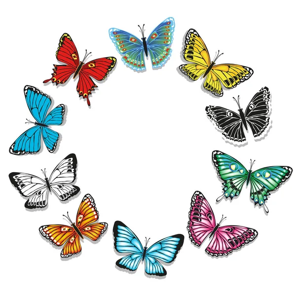 Sada Pestrobarevných Motýlů Izolovaných Bílém Pozadí — Stockový vektor