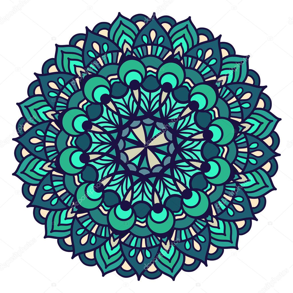 Vector Color Ornament mandala. Vintage decorative elements. Hand drawn background. Festive colorful mandala pattern in shades of emerald.