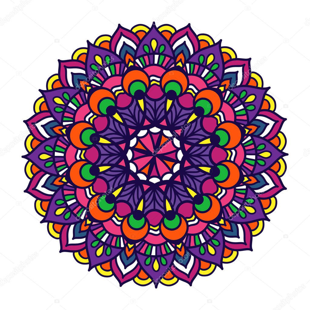 Vector Color Ornament mandala. Vintage decorative elements painted in rainbow colors. Hand drawn background. Festive colorful mandala pattern.