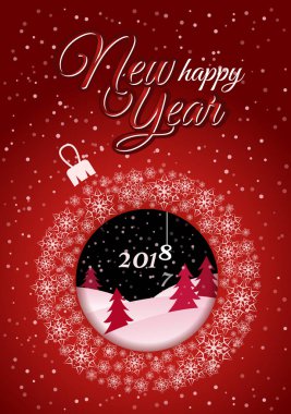 Dikey kırmızı Noel kartı. Kar taneleri yapılan beyaz Noel top