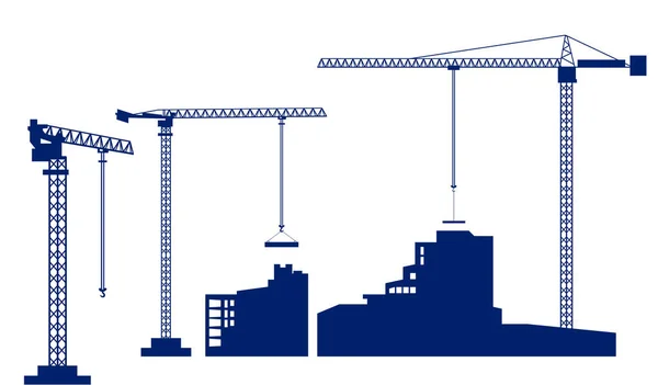 Set tower crane builds a house. Dark blue silhouettes of buildin — Stock Vector