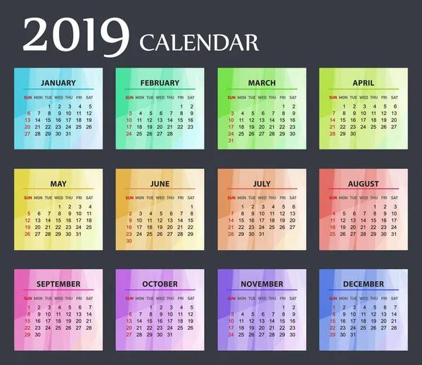 Bright modern calendar template for 2019 years. Week starts from — Stock Vector