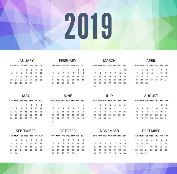 Modèle de calendrier moderne pour 2019 ans. Semaine commence à partir de dimanche — Image vectorielle