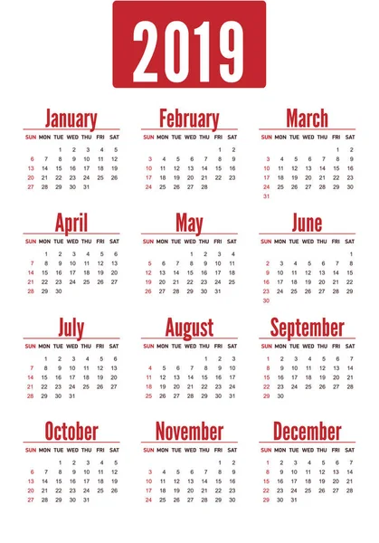 Простая вертикальная красная планировка календаря на 2019 год. Неделя начинается — стоковый вектор