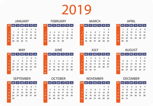 Calendrier horizontal de poche sur 2019 année. Modèle vectoriel simple — Image vectorielle