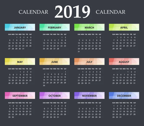 明亮的现代日历模板, 适用于2019年。周开始从 — 图库矢量图片