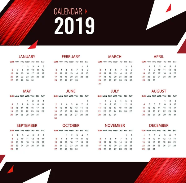 Modèle de calendrier moderne pour 2019 ans. Backgro abstrait lumineux — Image vectorielle