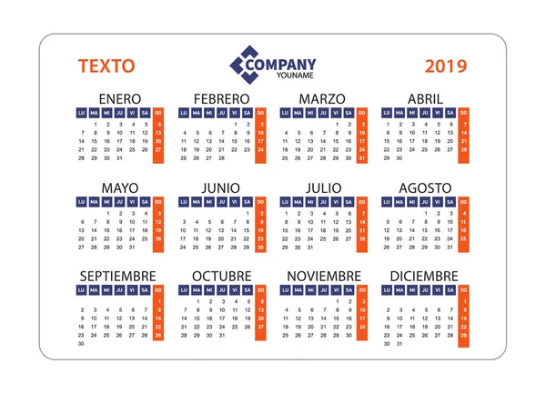 Горизонтальні календар 2019 іспанською мовою. Тиждень починається з понеділка. Е. — стоковий вектор
