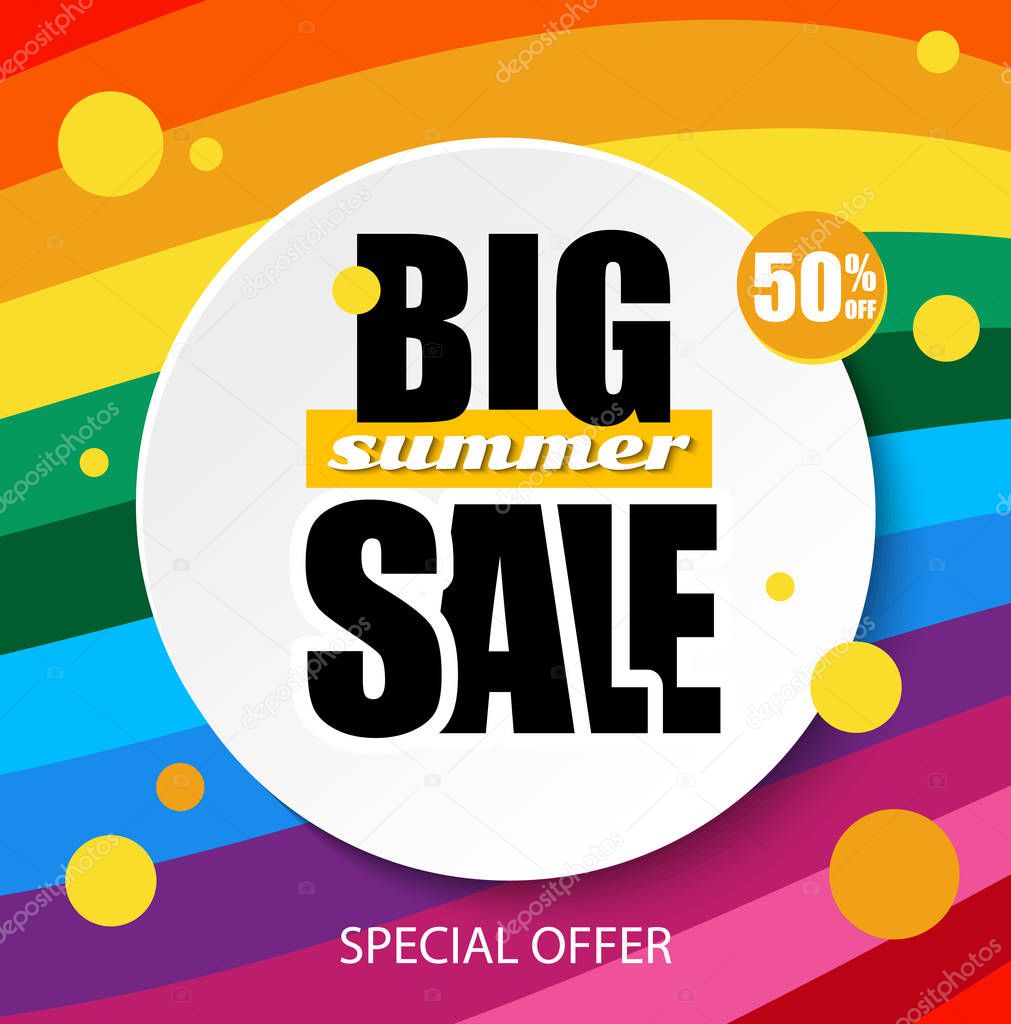 Web Banner Big sale summer. Vector summer background for Your discount. White paper with text on bright backdrop.