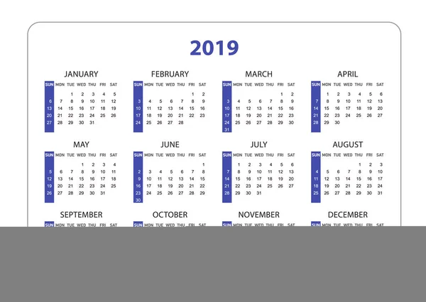 2019 年に水平ポケット カレンダーです。単純なベクトル テンプレート — ストックベクタ