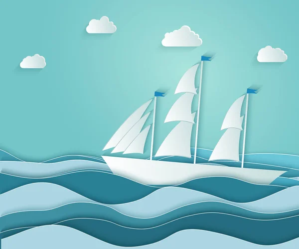 De zeilboot drijft op de ruwe Oceaan met golven. Een symbool van b — Stockvector