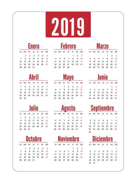 Senkrechter Kalender 2019 auf Spanisch. Die Woche beginnt am Montag. vect — Stockvektor