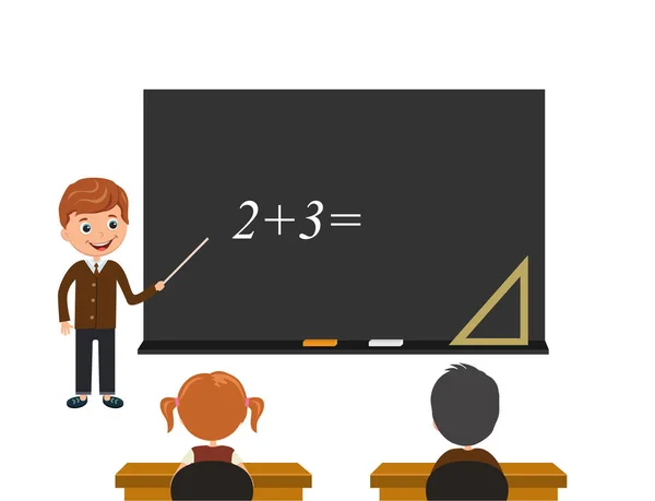 Studenter titta på styrelsen och lyssna på lektionen. Matematik lektion ett exempel är skriven på en svart tavla. — Stock vektor
