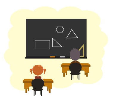 Öğrenciler tahtaya bakın ve ders için dinle. Matematik dersine siyah kurulu geometrik şekiller. 