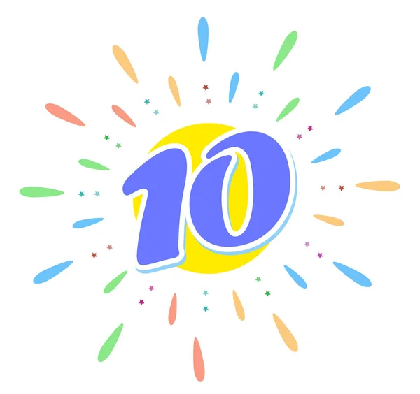 De blauwe 10 in het midden van het vuurwerk. Ons tien jaar. Of wens je een gelukkige verjaardag. — Stockvector