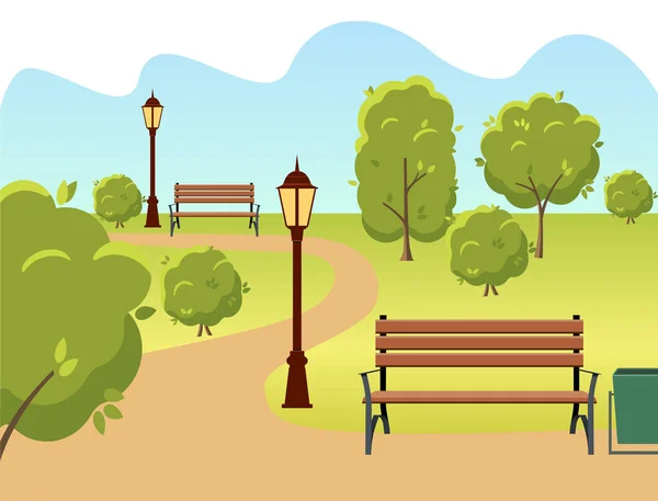 Vacker sommar stadspark med gröna träd bänk, lykta och gångväg. — Stock vektor