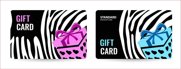 Bright card with black and white stripes and pink box. Creative Gift card. — Stock Vector