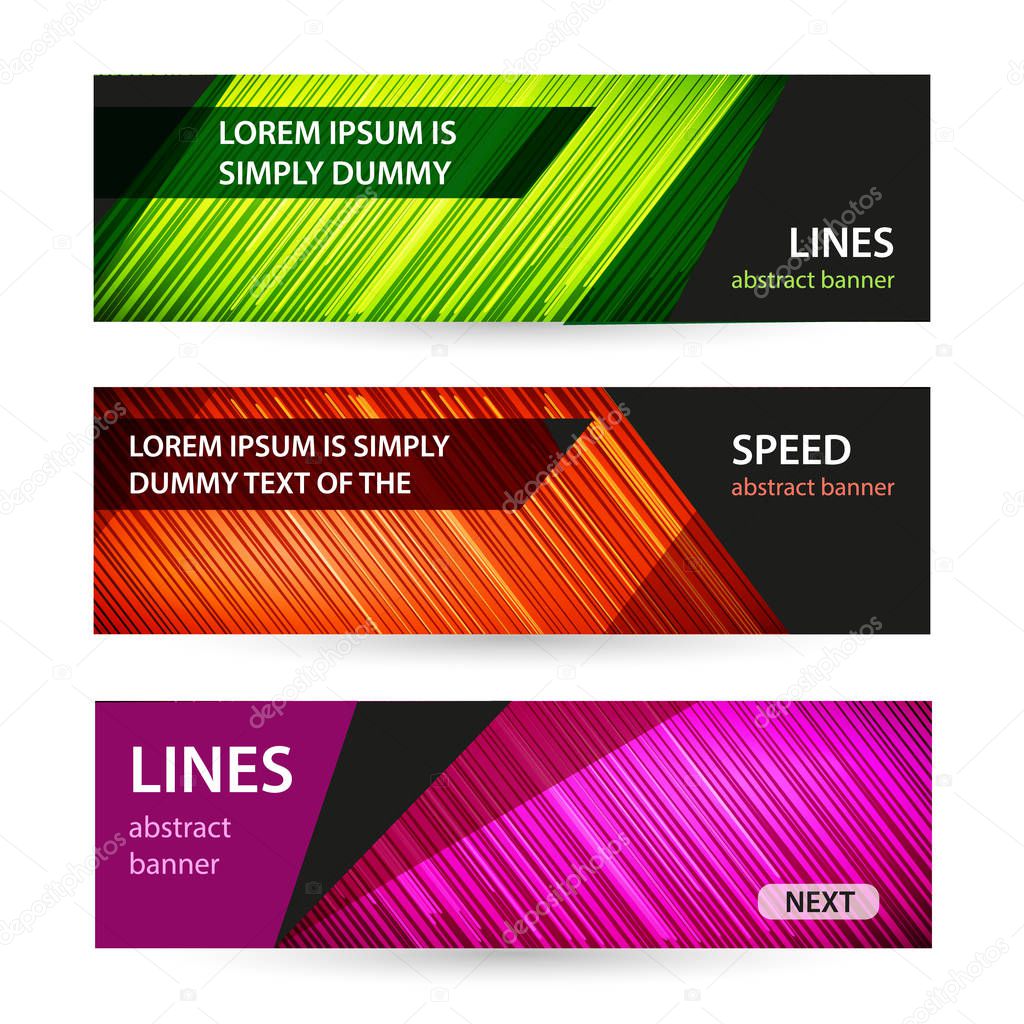 Bright banner with light lines on dark background. Set horizontal banners with a bstract vector background.