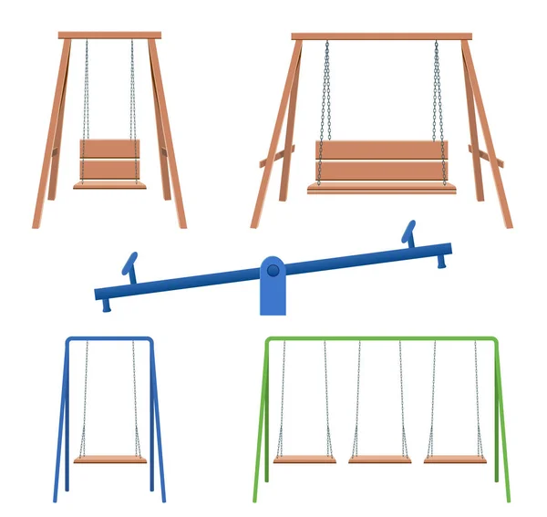 Balançoire en bois isolé sur fond blanc. swing marron et bleu dans un style plat . — Image vectorielle