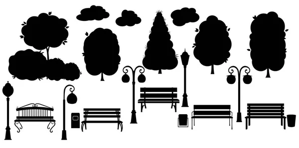 Set schwarzes Objekt für den Stadtpark. Silhouettenbaum, Mülleimer, Laterne, Wippe und Bänke. — Stockvektor