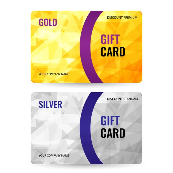 Gift card bright design with gold and silver background of chaotically moving triangles. — Stock Vector