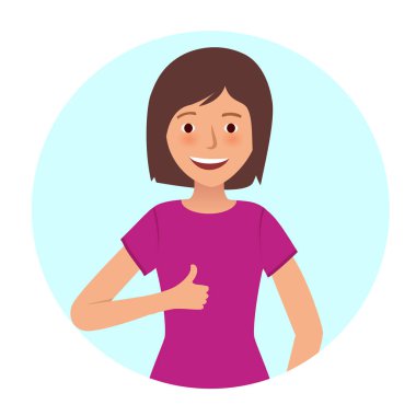 Mutlu kız beyaz arka planda başparmak yukarı gösterir.