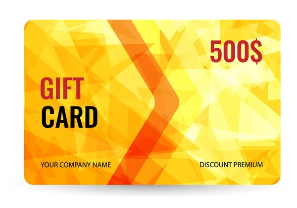 Gift card bright design with gold background of chaotically moving triangles. — Stock Vector