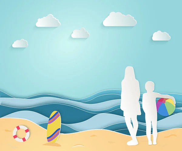 Zomer zee foto origami gemaakt papier. Moeder en kind staan op het strand en kijken naar de zeilboot. — Stockvector