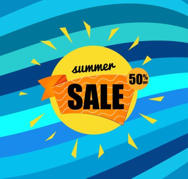 Mavi deniz arka planı ndaki parlak güneş. metin ile yaz illüstrasyon - 50 yaz satış . Çizgili dalgalı zemin.