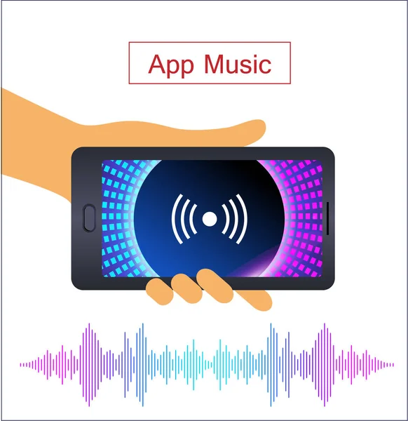 Reconocimiento de voz en la aplicación móvil. Asistente personal, mano humana con smartphone — Vector de stock