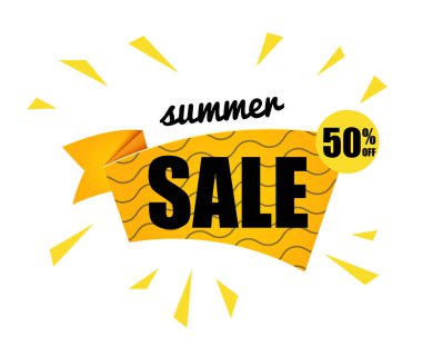 Yaz satış metni beyaz arka plan üzerinde izole ile sarı güneş. Poster, afiş için vektör yaz illüstrasyon elemanları