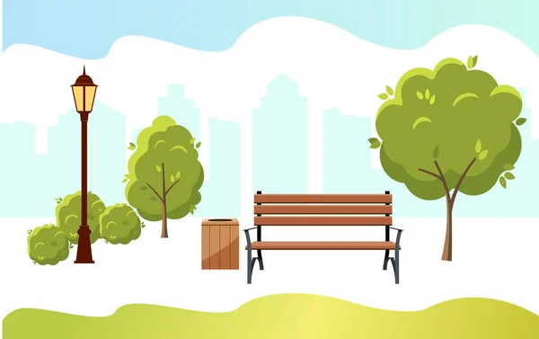 Belo parque da cidade de verão com banco de árvores verdes, lanterna —  Vetores de Stock
