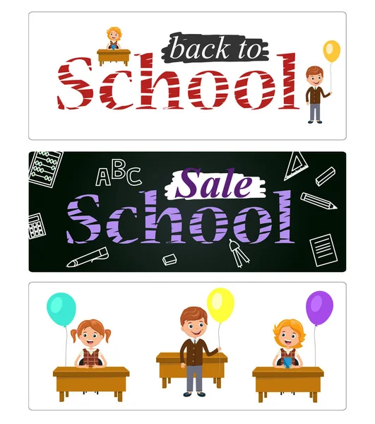 Set horizontal banner on white and black background. The school is written in chalk on the Board. — Stock Vector