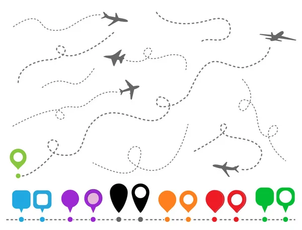 Állítsa be a vektoros szimbólumok repülőgépek és a csapok. Síkvonal útvonala. — Stock Vector
