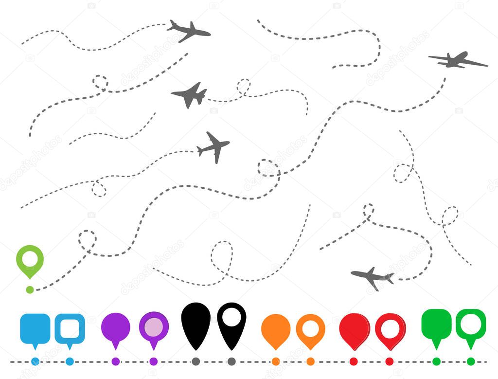 Set vector symbols aircrafts and pins. Plane line path.