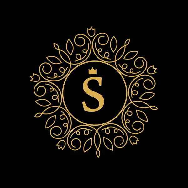 Кругла емблема з золотою літерою S на чорному тлі. Елегантний квітковий монограма шаблон Дизайн. логотип ресторану, готелю, ювелірних виробів. запрошення на весілля . — стоковий вектор