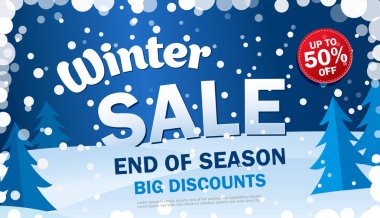 Kar taneleri ile mavi arka plan üzerinde parlak yatay Satış afiş ayarlayın.