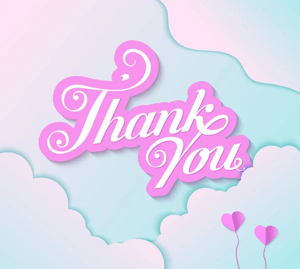 Romantic card with handwritten text thank you. Pastel colors, paper style. Pink Inscription in the clouds with hearts. — Stock Photo, Image