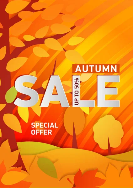 Vertical bright orange poster, the gold autumn forest. With text - Autumn Sale up to 50 — Stock Photo, Image