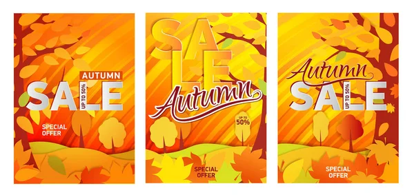 Conjunto cartel naranja brillante, el bosque de otoño de oro. Con texto - Venta de otoño hasta 50  . — Foto de Stock