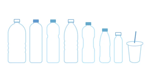 Ställ flaskor vatten. Vektor ikon kontur. Blå plastflaskor — Stock vektor