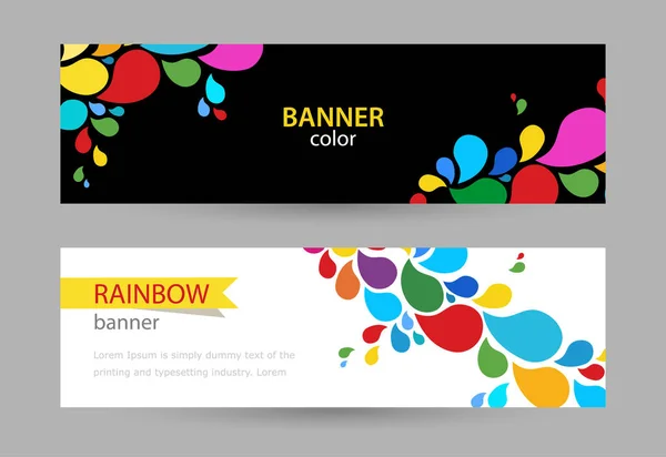 Abstraktes helles Banner mit Tropfen Regenbogenfarben auf weißem und schwarzem Hintergrund. horizontale Banner mit leerem Platz für Text setzen. — Stockvektor