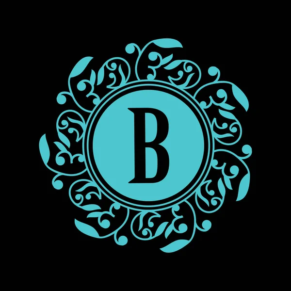 Kulatý znak s modrým písmenem B na černém pozadí. Elegantní květinové monogram design. logo pro restauraci, Hotel, šperky. pozvánky na svatbu. — Stockový vektor