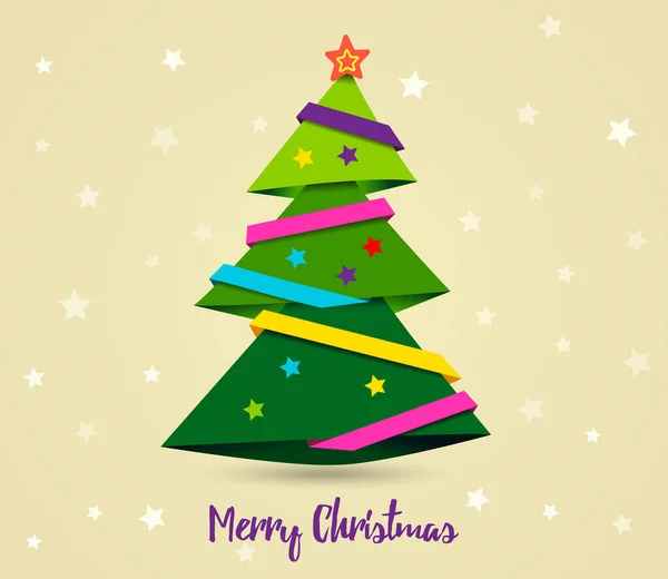 Cartão de ouro Feliz Natal. Fita de papel na árvore de Natal com estrela amarela — Vetor de Stock
