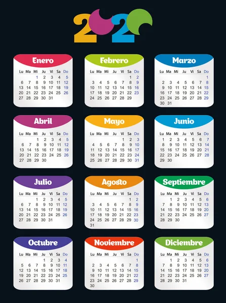 Calendrier de poche couleur verticale sur 2020 année. La semaine commence à partir de lundi . — Image vectorielle