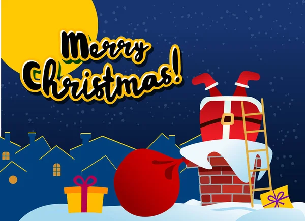 카드 메리 크리스마스. 선물 가방을 들고 지붕 위에 있는 산타클로스, — 스톡 벡터